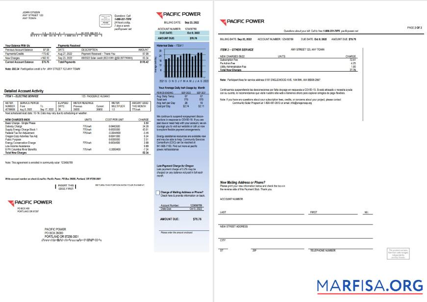 Blank USA Pacific Power utility bill, Word and PDF template, 2 pages